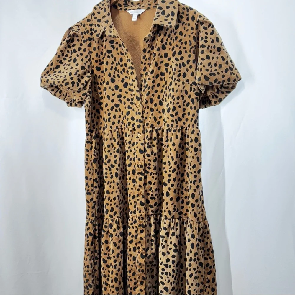 Animal Print Tiered Maxi Dress Corduroy Dress Puff Sleeves Small - Picture 2 of 13